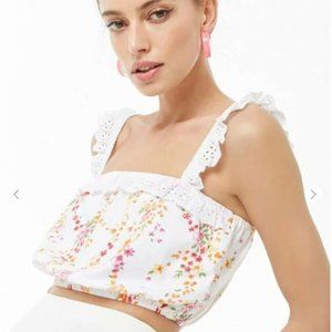 Ruffle-Trim Floral Print Crop Top